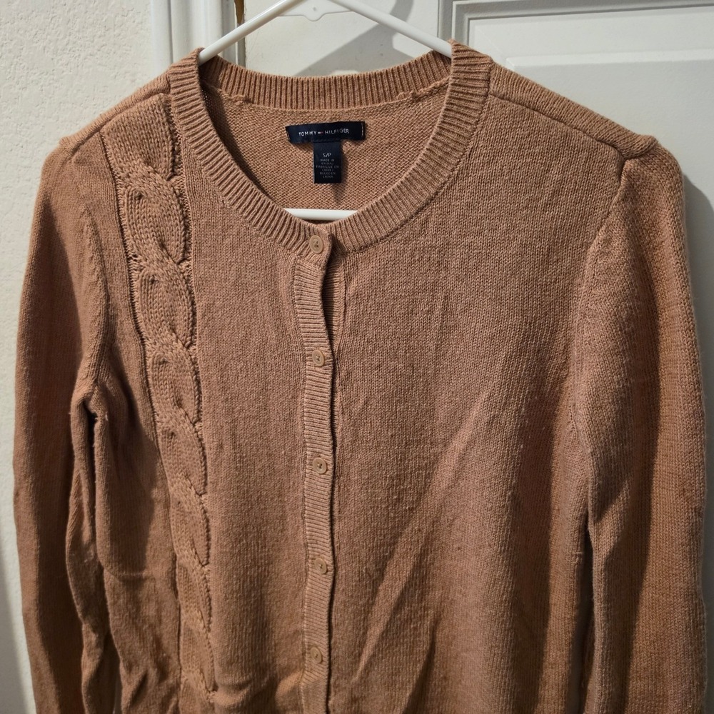 Tommy Hilfiger Women Camel Tan Cable Knit Button Front Cardigan Sweater Small